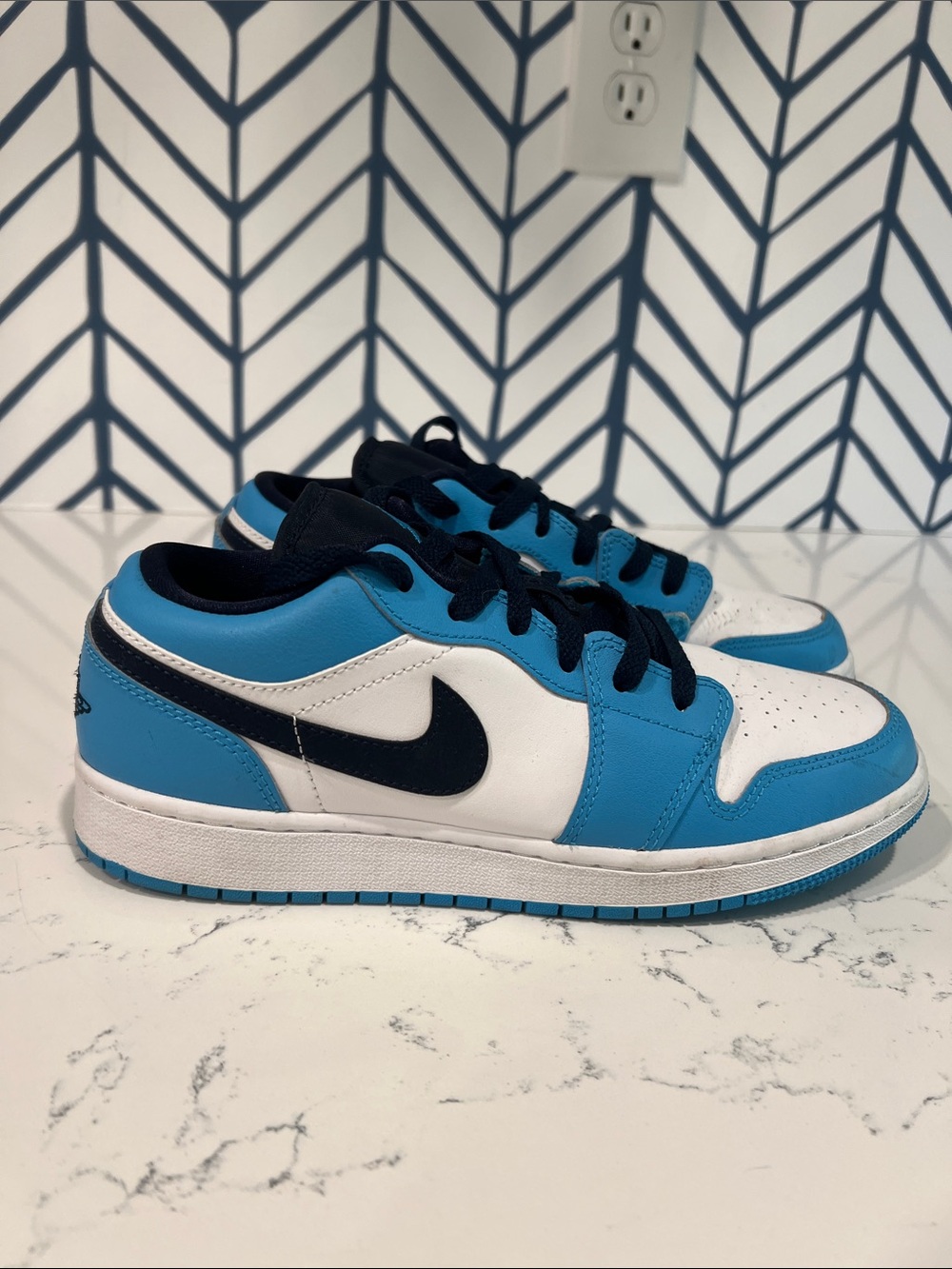 Nike Air Jordans Low-Top Sneakers White & University Blue with Black Swoosh